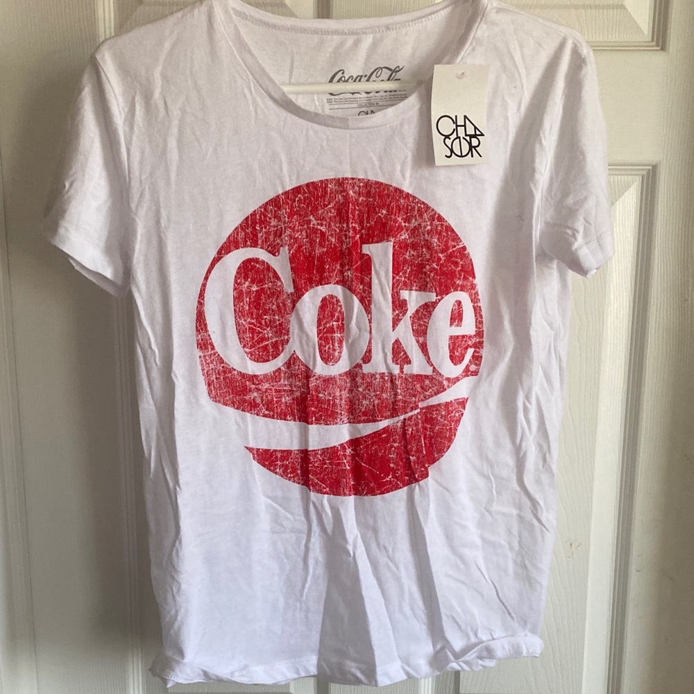 Chaser White Tee with Distressed Red Coke Graphic